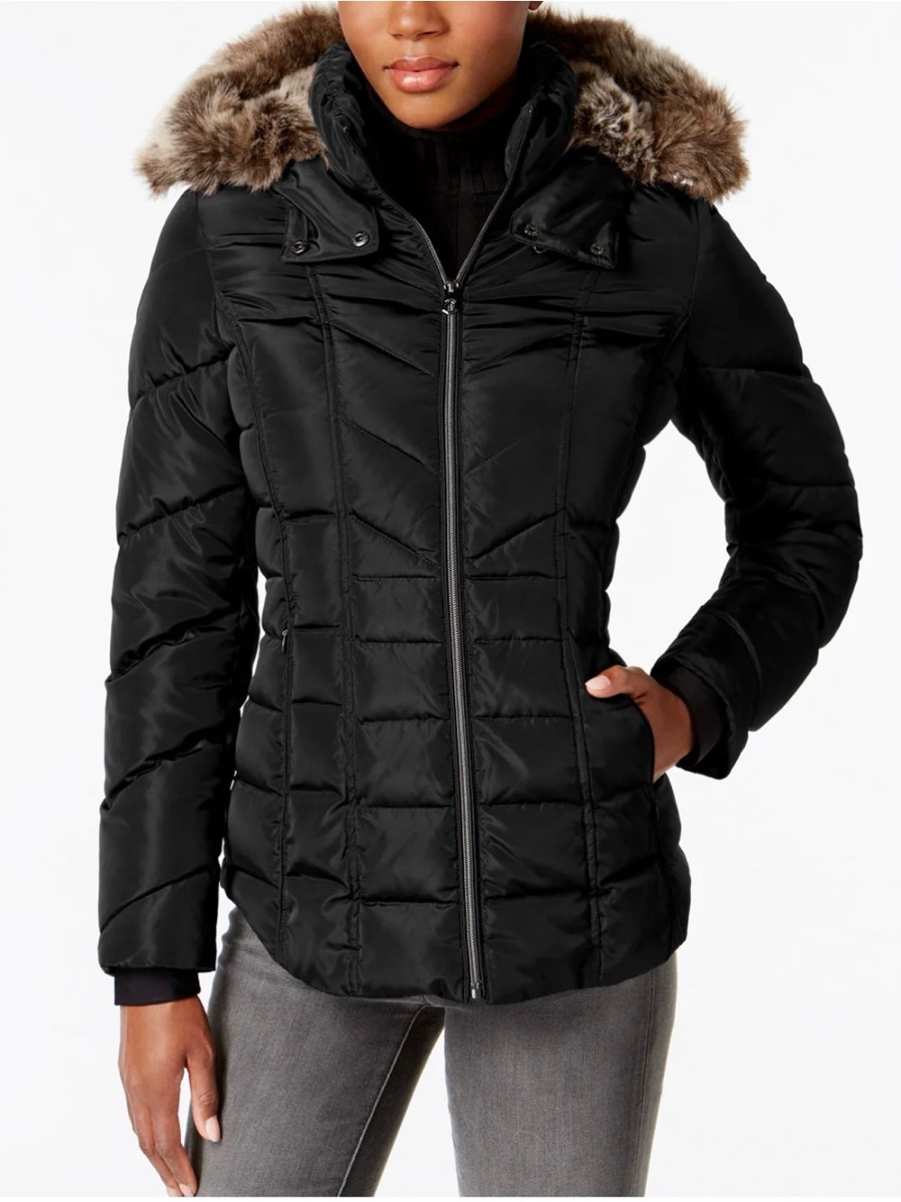 Nautica Faux-Fur-Trim Black Puffer Coat